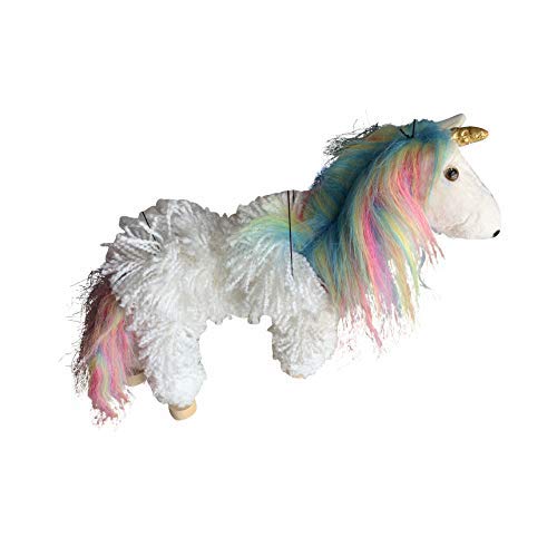 White Yarn Unicorn Marionette with Rainbow Mane and Tail