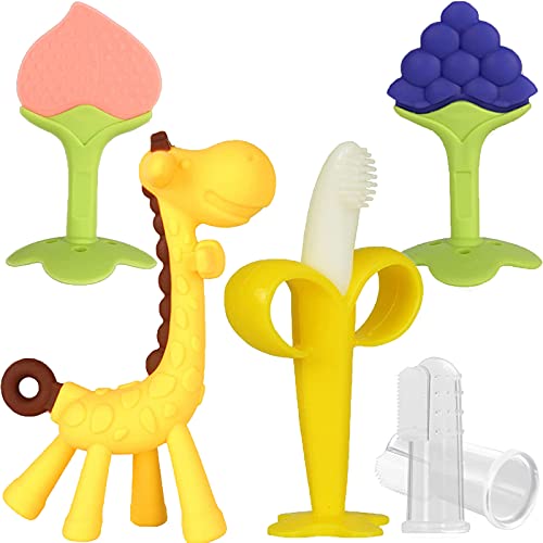 HAILI XMGQ Baby Teething Toys Silicone Baby Teether Freezer BPA Free Soothe Babies Teething Relief Sore Gums Banana Finger Toothbrush Fruit Shape Giraffe Teether Set for Infant Boys and Girls