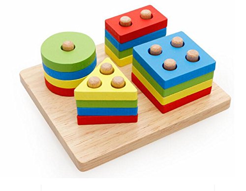 Lanlan 1PCS Wooden Toys Geometry Shape Matching Building Blocks Stacking Nesting Toys No burr Baby Shape Color Recognition Assembly Toy Gift Brain Teaser Puzzles Color Box Package