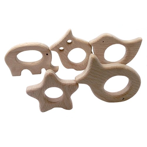 Amyster 10pcs Wooden Elephant Owl Fish Bird Five-pointed Star Teether Nature Baby Teething Toy Organic Eco-friendly Holder Nursing Wood NecklaceBracelet Baby Gift