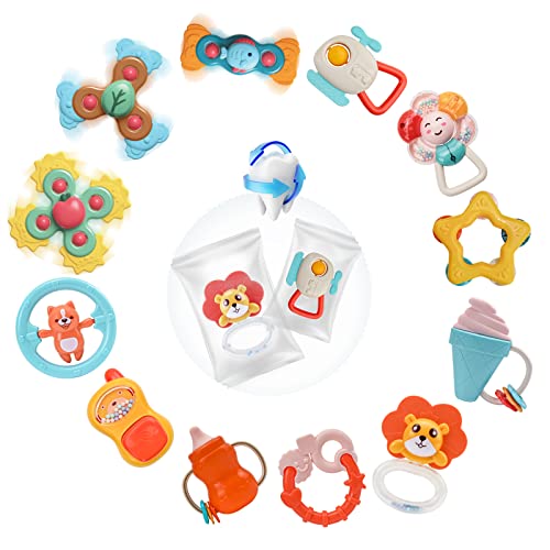 Happytime Baby Rattle Teething Toys for Babies 0612 Months 12Pcs Suction Spinner Teether Baby Toys Learning Gifts for Newborn Infant Sensory Toys