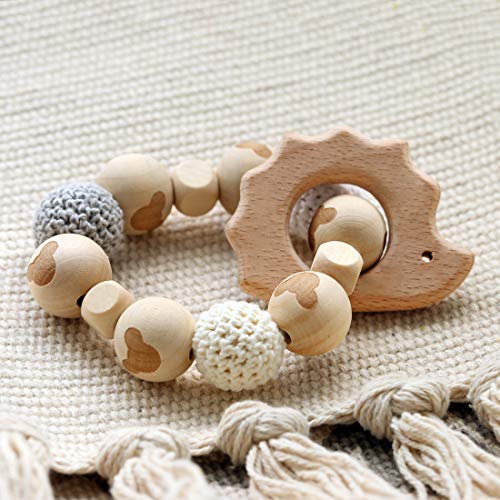 Hedgehog Wooden Teethers for Babies Teething Ring Rattle Natural Raw Crochet Beads Toy Chew Toy Baby Teething Bracelet Crochet Beads Bracelet