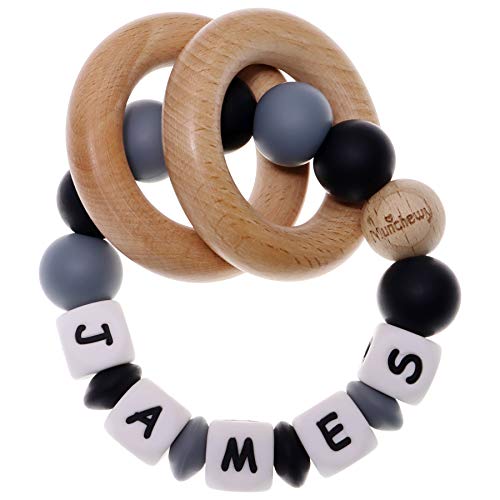 Munchewy Personalized Name Baby Rattle Teether Ring Customizable Food Grade Silicone Sensory Chew Bracelet with Natural Organic Beech Wood Teething Rings for Baby Boys Girls(BlackGrey)