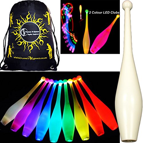 3x One-Piece LED GLOW Juggling Clubs Set of 3 26 Colour Variations  Flames N Games Travel Bag Quality Training GLOW LED Juggling Club Set Ideal For Beginners Advance Jugglers Slow Fade Rainbow