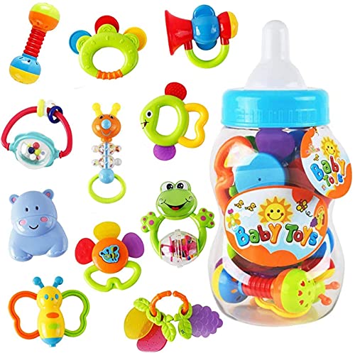 WISHTIME Baby rattles teethers for Newborn ToysGifts for Infants 11pcs with Hand Development Rattle Toys and Giant Bottle for 0 3 6 9 12 Month Girl and boy