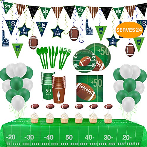 Football Party Supplies and Decorations Set-Include Tablecover Plates Flatware Set Cup Napkins Serves 24 and Cupcake Toppers Hanging Swirl Banner Balloons for Super Bowl Party