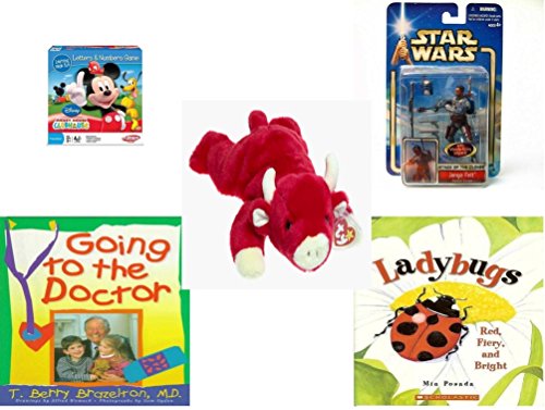 Childrens Gift Bundle - Ages 3-5 5 Piece - Mickey Mouse Clubhouse Letters Numbers Game - Star Wars Jango Fett Action Figure Toy - TY Beanie Baby - Snort the Bull - Going To The Doctor Hardcover