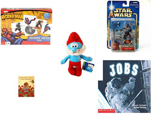Childrens Gift Bundle - Ages 3-5 5 Piece - Spider-Man Memory Match Game - Star Wars Jango Fett Action Figure Toy - The Smurfs Kellytoy Papa Smurf Plush Doll Toy Stuffed 85 - A Childs Book o